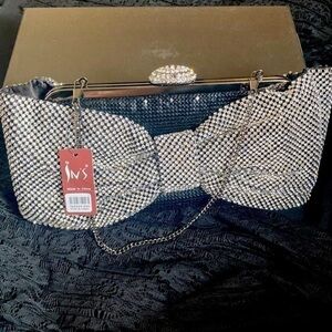 Tuxedo Bow theme Rhinestone Jewelled clutch NWT with chain